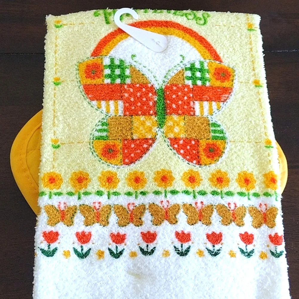70s Butterfly Happiness kitchen towel dishcloth potholder, oven door towel